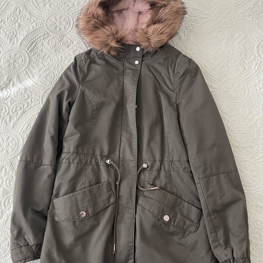 Olive Green Parka with Faux Fur Hood